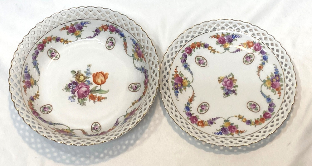 VTG Schumann Bavaria Reticulated Porcelain Plate Bowl Lattice Border Floral